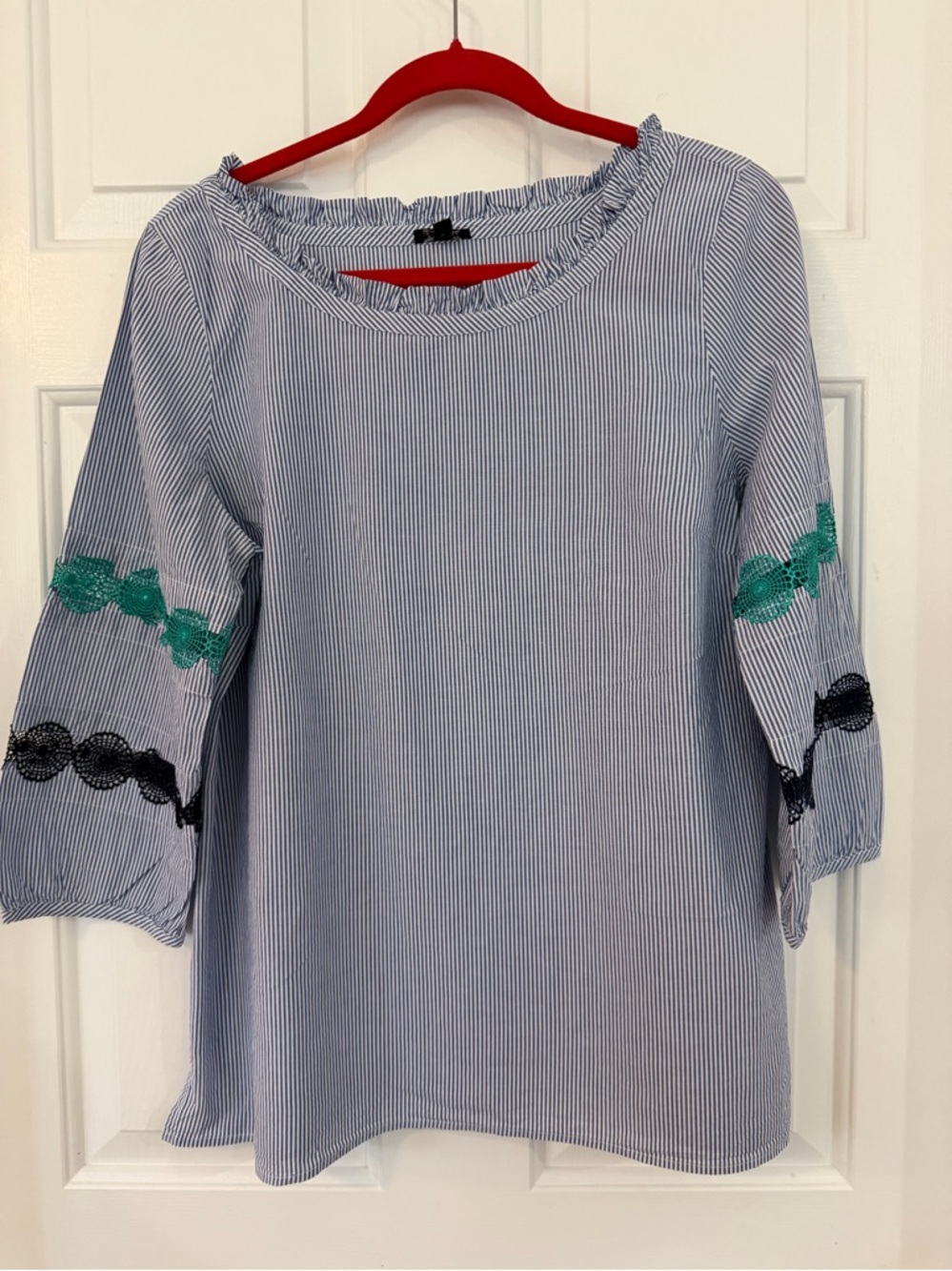 Talbots Blue & White Stripe Cotton Top Shirt 3/4 Length Sleeve Lace Insets Sz  L